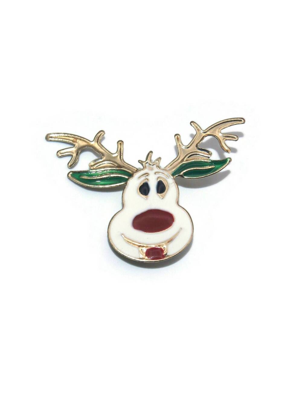 Whimsical Vintage Gold Tone with White, Red and Black Enamel Moose Head Brooch.